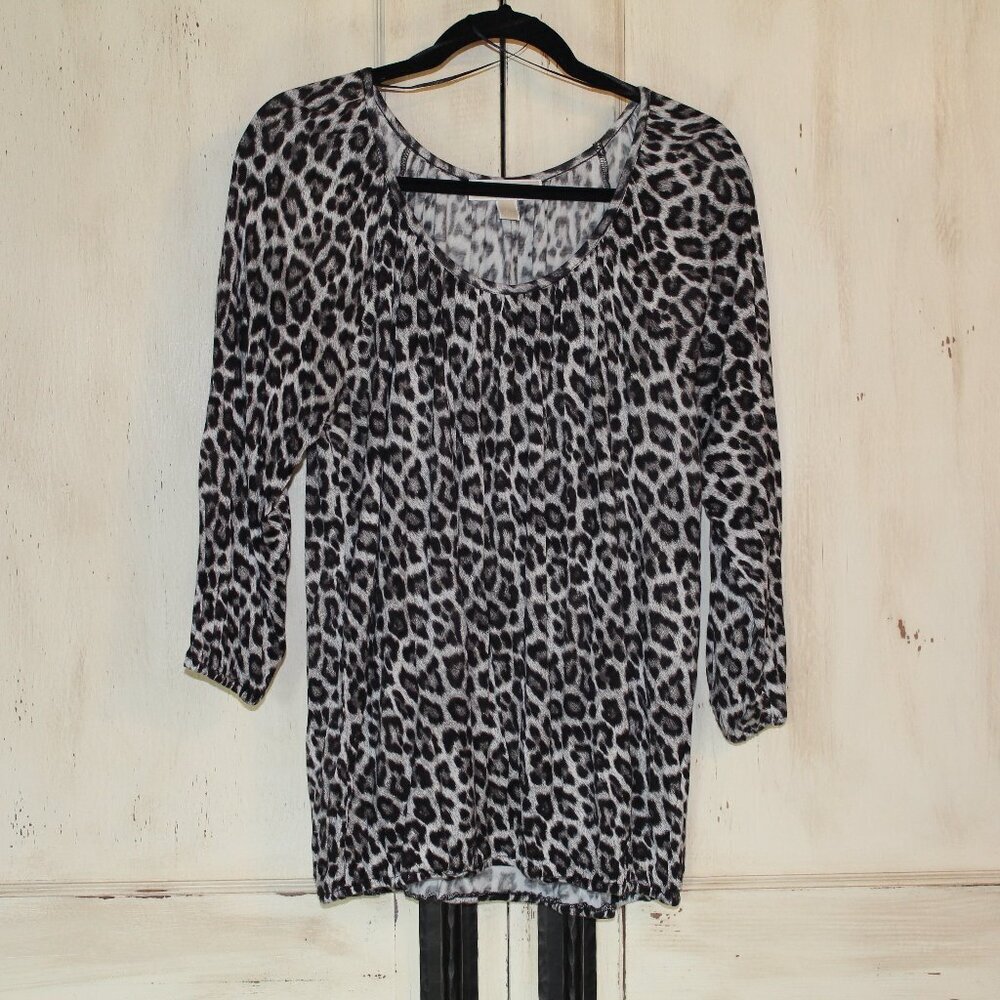 Michael Kors black/gray cheetah print scoop neck gathered hem 3/4 sleeves‎ L